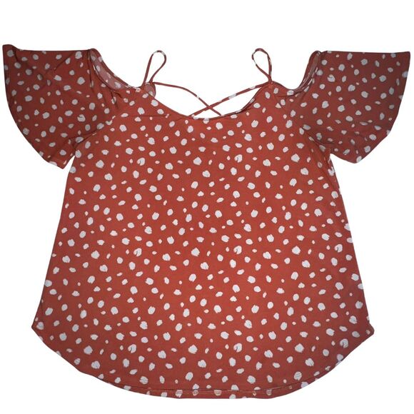 Kaileigh Blouse Womens XL Orange Polka Dot Cold Shoulder Flowy Fairy Boho Top - Picture 5 of 11